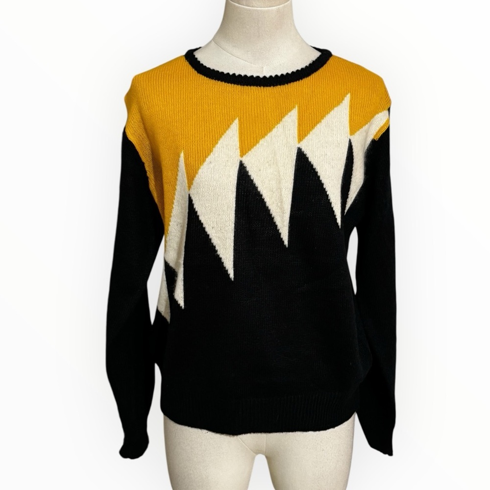 Vintage Designer Personal Black Yellow White Sweater 70’s Angora M S Goemetric